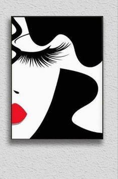 a woman's face with long eyelashes and red lips on a white background is featured in this black and white painting