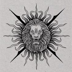 a black and white drawing of a lion's head with sun rays coming out of it