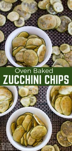 oven baked zucchini chips in white bowls on a table with the title overlay