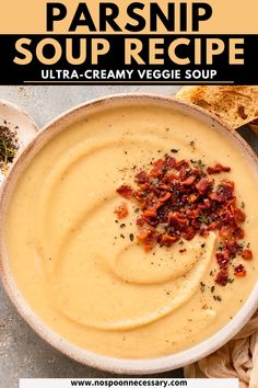 Looking for a warming, flavorful dish that’s perfect for chilly days? This parsnip soup recipe is a must-try! Luxuriously rich and creamy in texture, this comforting, nourishing soup features sweet parsnips and mild leeks with a touch of fresh thyme for a delightful balance of savory flavors. Top with crispy bacon for a moorish dinning experience or let the soup stand beautifully on its own. Soup One Pot, One Pot Vegetarian Recipes, Parsnip Recipes, Butternut Soup, Parsnip Soup, Bacon Soup, Bacon Brussel Sprouts, Pureed Soup, One Pot Dinner