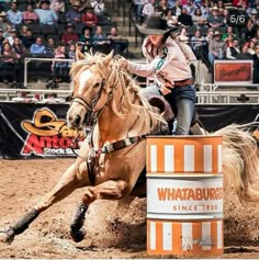 a woman riding on the back of a brown horse in front of a large crowd