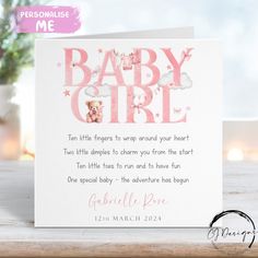 a card with the words baby girl written in pink on it and a teddy bear