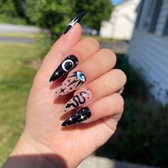 Black Witchy Nails Coffin, Ouija Board Nails Nailart, Painted Nail Art Designs, Tarot Card Inspired Nails, Trippy Eye Nails, Mystical Nail Art, Witchy Nails Square, Libra Nail Art, Crystal Ball Nails