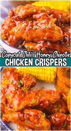 chicken crispers on a plate with corn in the background and text that reads copycat chilis honey charlotte chicken crispers