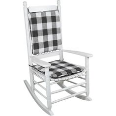 a white rocking chair with a black and white checkered seat cover on the back