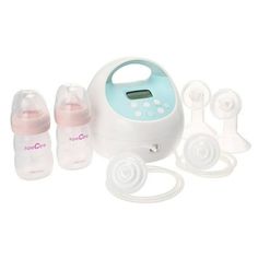 the baby bottle is next to its mother's breasting device, which also includes an electric breast pump