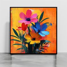 an abstract painting with colorful flowers and butterflies