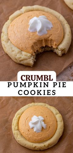 pumpkin pie cookies with whipped cream on top and in the middle, one is cut in half