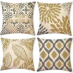 four pillows with different designs on them in gold, grey and white colors are shown