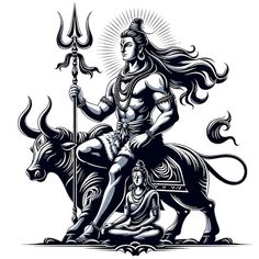 the god sitting on top of a bull with a spear in his hand and holding a staff