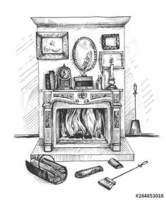 a drawing of a fireplace in a living room with furniture and accessories on the floor