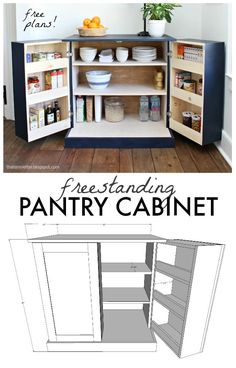 an open pantry cabinet with the words, free standing pantry cabinet on top and below it