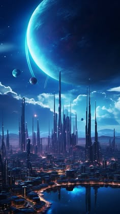 an alien city is surrounded by planets in the sky