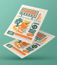 two flyers for farmers market with oranges and vegetables in them on a green background