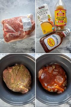 four pictures showing how to make an entree in the crock pot with meat