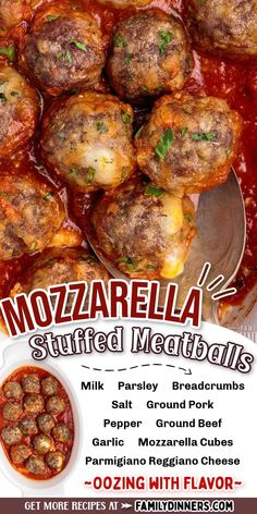 an advertisement for mozzarella stuffed meatballs