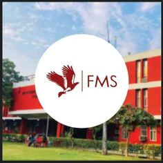 the f m s logo is shown in front of a red building with trees and bushes