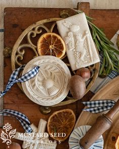 an assortment of soaps and other items on a table