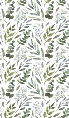 watercolor painting of green leaves and branches on a white background, seamless pattern