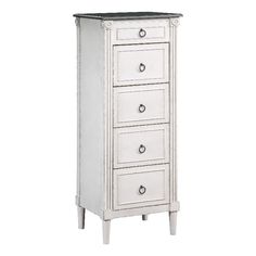 an antique white chest with drawers and black marble top on the bottom, against a white background