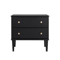 an image of a black dresser with gold knobs on the bottom and two drawers