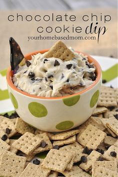 chocolate chip cookie dip in a bowl surrounded by crackers on a plate with text overlay