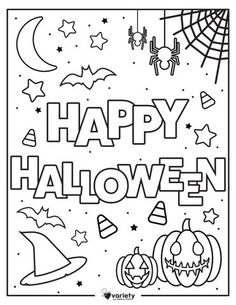 happy halloween coloring page with pumpkins, bats and spider web on the bottom right corner