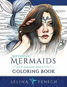 the book cover for mythical mermaids coloring book with an image of a woman's face