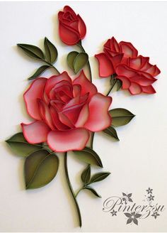 three red roses with green leaves on a white background are cut out from the paper