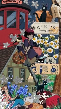 a collage of images with cats, flowers and other things in the background that include an image of a woman sitting on top of a building