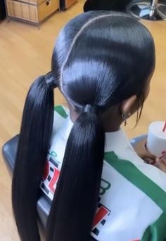 Cute Slick Ponytails For Black Women, 2 Slick Braided Ponytails, 2 Straight Ponytails With Weave, Middle Part Two Ponytails, 2 Slick Ponytails, Two Sleek Ponytail Weave, Two Weave Ponytails, Sleek Pigtails, 2 Low Ponytails With Weave