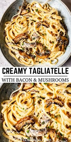 two plates with different types of food on them and the words creamy tagliatelle