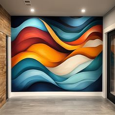 an abstract painting is displayed on the wall in this modern office space with wood paneling