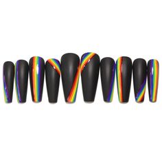 GET THE PROFESSIONAL LOOK WITHOUT THE TIME, DAMAGE, OR COMMITMENT Black matte set with hand painted glossy rainbow stripes on all nails. Pictured in Sculpted Coffin Long *For custom please enter your sizing at the checkout from thumb to pinky for each hand. *Scroll down on homepage to see differences in length, shape and sizing. Set comes with 10 nails, 1 file, 1 alcohol pad, 1 orange-wood stick. Rainbow Black Nails, Pride Nails Black, Rainbow And Black Nails, Black Pride Nails, Black Rainbow Nails, Pride Nails, Pop Art Nails, Up Nails, Orange Wood