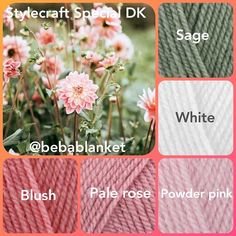 the different colors of yarn are shown on this page, including pink and white flowers