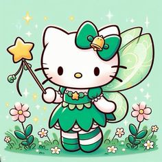 hello kitty holding a star in her hand and wearing a green dress with flowers on it