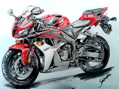 a drawing of a red motorcycle on a white background with black and grey lines in the foreground