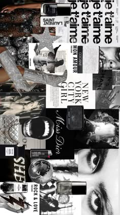 a collage of black and white images with words on them, including an eye