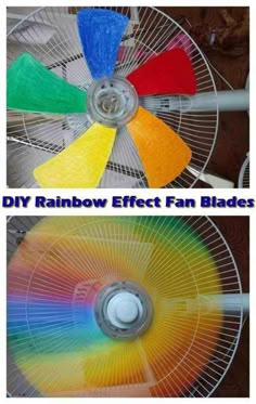 a fan with different colors on it and the words diy rainbow effect fan blades