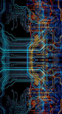 an abstract computer circuit board with many colors and lines on it's surface, as well as the background