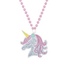 a necklace with a unicorn head and pink beads on the front, along with a beaded ball chain