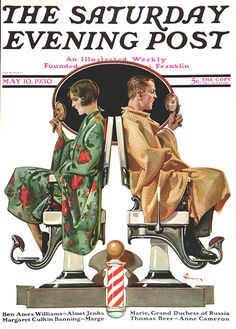 an advertisement for the saturday evening post featuring two people sitting in a barber's chair