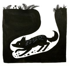 a black and white drawing of a fox running through the woods