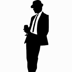 a black and white silhouette of a man in a suit with a hat holding a drink