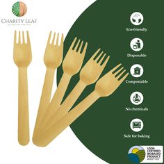 wooden forks and spoons with different types of food on the bottom one is labeled charity leaf