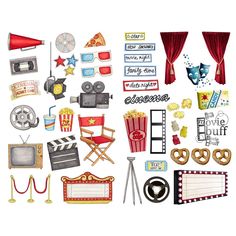 an assortment of movie related items on a white background