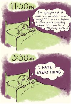 two cartoon images with the same person laying in bed, and one has an empty thought bubble