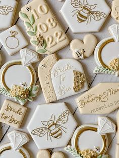 wedding cookies are laid out on the table