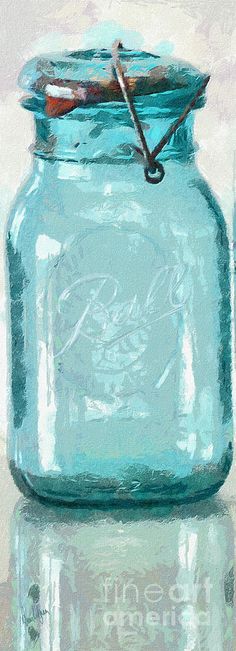 a painting of a blue mason jar with a spoon in it