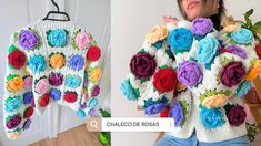 a woman is holding up a crocheted sweater with flowers on the front and back